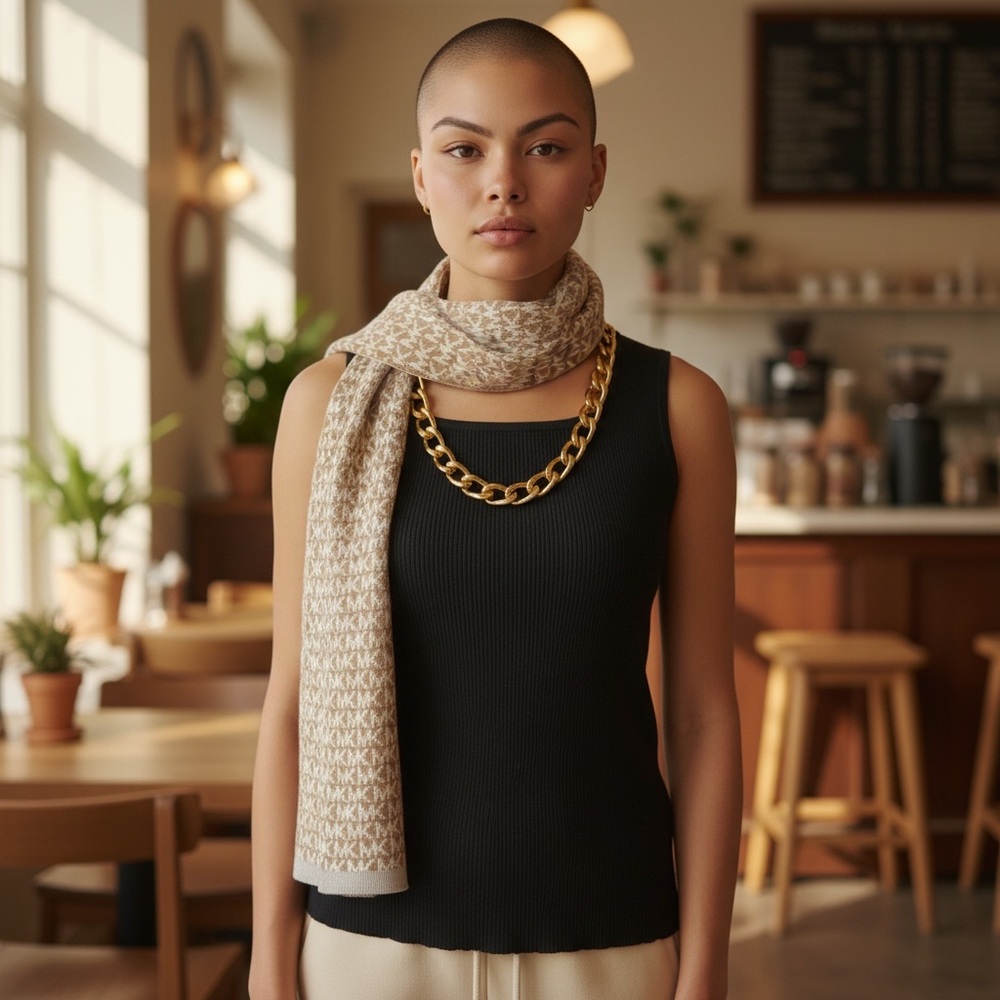 Cable & Gauge Sleeveless Black Sweater Knit Tank Top with Gold Chain Accent
